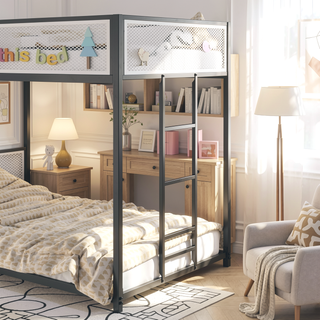 Sunvega Twin Over Twin Bunk Bed with White Mesh Guard Rail and Stable Ladder for Kids