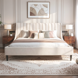 Sunvega Handmade Vertical Tufted Headboard Platform Bed Set in Light Beige Linen