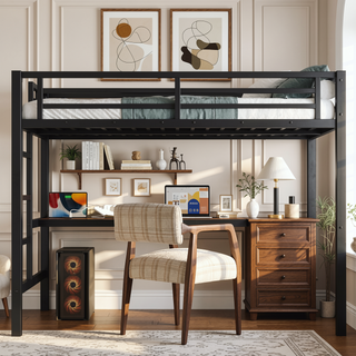 Sunvega Metal Twin XL Loft Bed with Desk, USB, LED Light, and Power Outlet