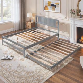 Sunvega Full Size Platform Bed with Adjustable Trundle and Headboard in Gray