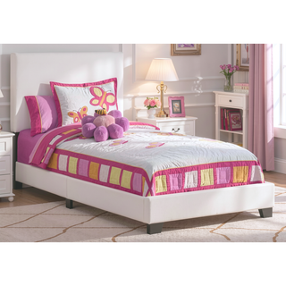 Sunvega Twin Size Upholstered Bed Frame in White Leather Look with Simplistic Headboard