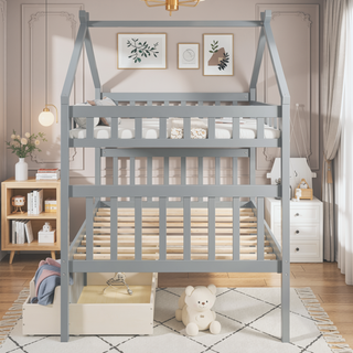 Sunvega Twin Size Wooden House Bed with Drawers and Headboard for Kids Room