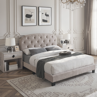 Sunvega European Style Light Brown Burlap Button Tufted Queen Size Headboard