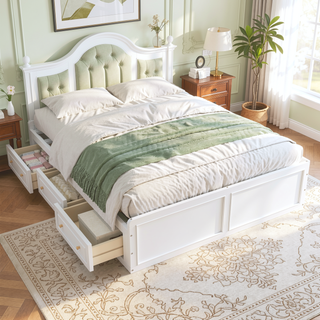 Sunvega Sturdy White Queen Size Platform Bed Frame with 6 Storage Drawers