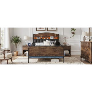Sunvega Kids Full Metal Bed with Upholstered Headboard LED Lights and Storage