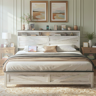 Sunvega Queen Bed Frame with LED Lights Headboard Charging Station and Hidden Storage