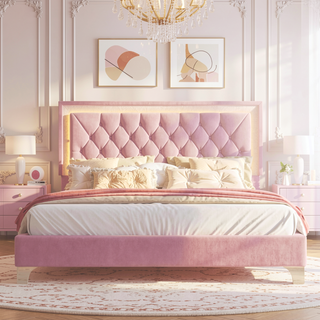 Sunvega Queen Size Upholstered Velvet Bed Frame with LED Lights and Tufted Headboard