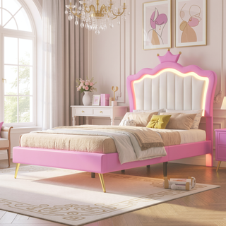 Sunvega Twin Size Princess Bed Frame with Crown Headboard and LED Lights