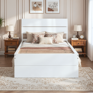 Sunvega Modern White High Gloss Twin Bed Frame with Light Oak Trundle for Space Saving