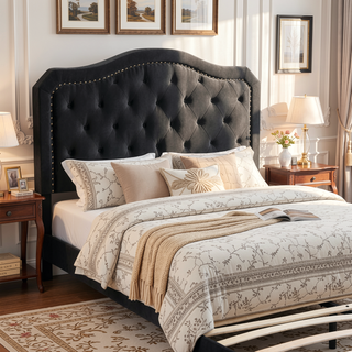 Sunvega Black Velvet Queen Upholstered Bed with Button Tufted Curve Design and LED Lights
