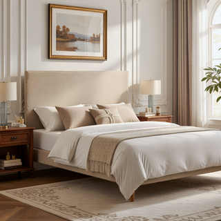 Sunvega Antique White Polyester Upholstered Cane-Back Platform Bed with Birch Frame