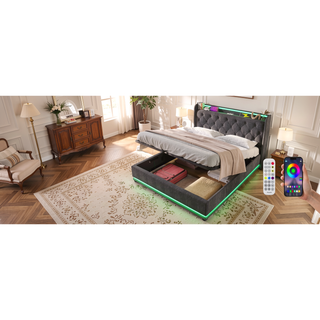 Sunvega Full Size Upholstered Bed with 360 LED Lighting Hydraulic Storage and USB Charging