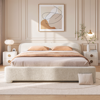 Sunvega Cozy White Bouce Upholstered Bed with Birch Wood Frame for Bedroom