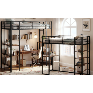 Sunvega Iron Frame Bunk Bed with L-Shaped Desk Stairs on Both Sides for Kids