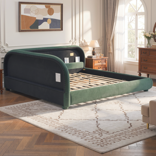 Sunvega Cream Upholstered Bed with Curved Headboard and Granular Fabric