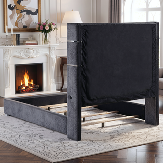 Sunvega Queen Upholstered Wingback Panel Bed with Remote Controlled Flame Box