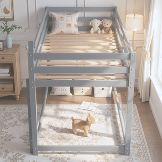 Sunvega Twin over Twin Floor Low Bunk Bed with Ladder for Kids Bedroom