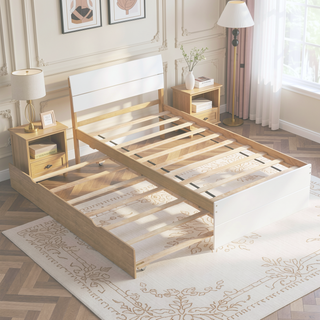 Sunvega Modern White High Gloss Twin Bed Frame with Light Oak Trundle for Space Saving