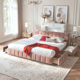 Sunvega California King Size Upholstered Bed with Storage Drawers and Soft Chenille Fabric Headboard