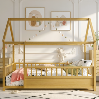 Sunvega Twin Size Floor Wooden Bed with House Roof Frame and Fence Guardrails