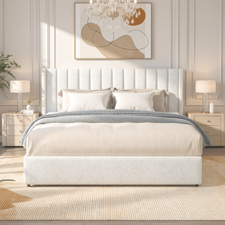 Sunvega Queen Size Ivory Boucle Upholstered Platform Bed with 4 Storage Drawers