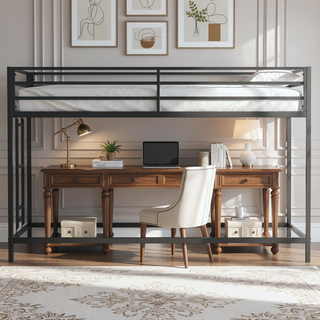 Sunvega Sturdy Metal Loft Bed Frame with Guardrails and Ladder for Kids Bedroom