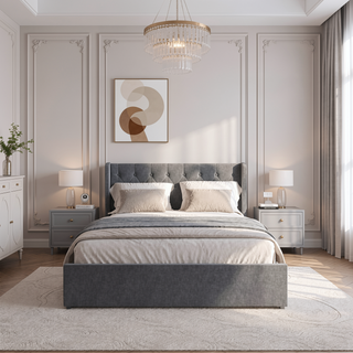 Sunvega Dark Grey Full Size Bed Frame with 4 Storage Drawers and Wingback Headboard