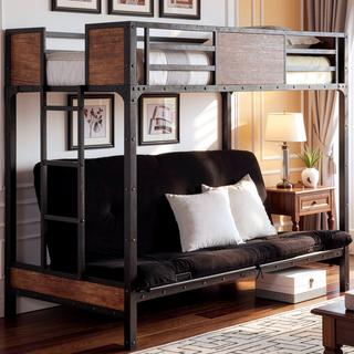 Sunvega Industrial Twin Over Futon Bunk Bed With Metal Frame and Wood Panels