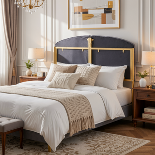 Sunvega Gold Frame and Grey Velvet Upholstered Queen Headboard with Tufting