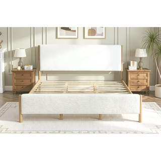Sunvega Modern White Boucle Upholstered Bed with Rubberwood Legs for King Size
