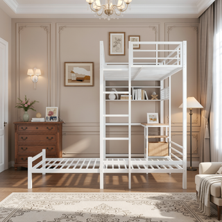Sunvega Twin Over Twin Metal Bunk Bed with L-Shaped Desk Station and Storage Shelves