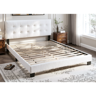 Sunvega Modern Style White Faux Leather Rectangle Headboard Full Size Bed