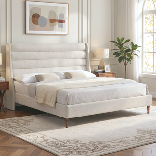 Sunvega Upholstered Queen Size Bed Frame with Wave - Shaped Headboard Premium Chenille Fabric
