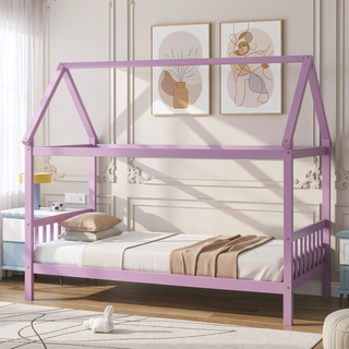 Sunvega Twin Rubber Wood House Bed with Headboard and Footboard in Light Grey