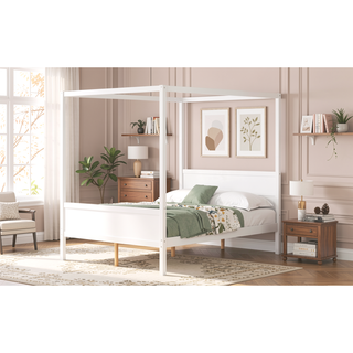 Sunvega Modern White Queen Size Canopy Platform Bed with Headboard and Footboard