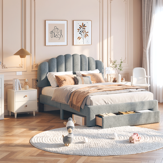 Sunvega Queen Size Upholstered Platform Bed with Storage Drawer and LED Lights