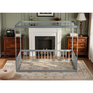 Sunvega Wooden Canopy Frame Floor Bed with Guardrails for Safety and Privacy