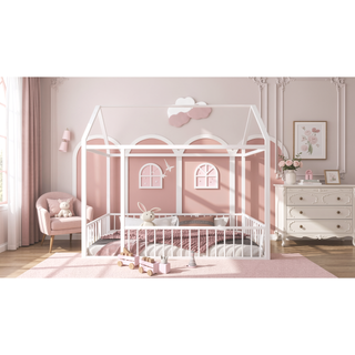 Sunvega Full Size Playhouse Metal Bed Frame with Fence for Kids and Teens