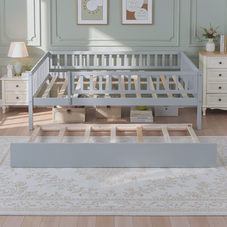 Sunvega Natural Twin Size Wood Daybed with Trundle and Fence Guardrails