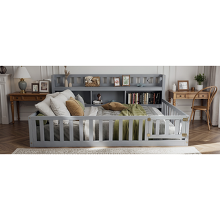 Sunvega Kids Wooden House Frame Twin Floor Bed for Safe Play and Sleep