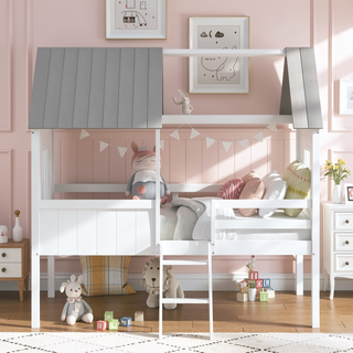 Sunvega Twin Size Low Loft Wood House Bed with Two Side Windows in White and Gray