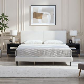 Sunvega White Faux Leather Upholstered Queen Bed with Adjustable Headboard