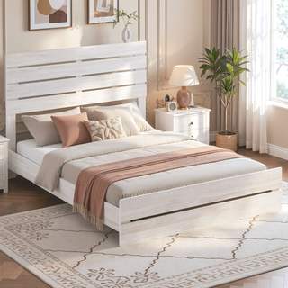 Sunvega Coastal White Eastern King Panel Bed with Slatted Headboard and Footboard