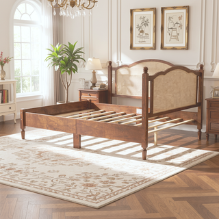 Sunvega Queen Size Wooden Platform Bed with Natural Rattan Headboard and Wooden Slat Support