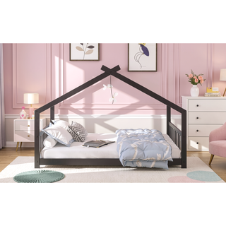 Sunvega Full Size Playhouse Design Wood Bed with Roof for Kids Room