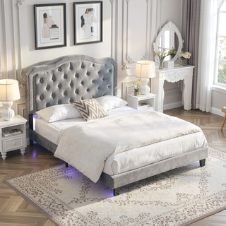 Sunvega Black Velvet Queen Upholstered Bed with Button Tufted Curve Design and LED Lights