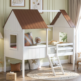 Sunvega Twin Size Low Loft Wood House Bed with Two Side Windows for Kids Playhouse