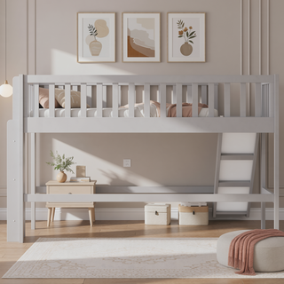 Sunvega Twin Size Low Loft Bed with Slide and Space Saving Ladder in Gray