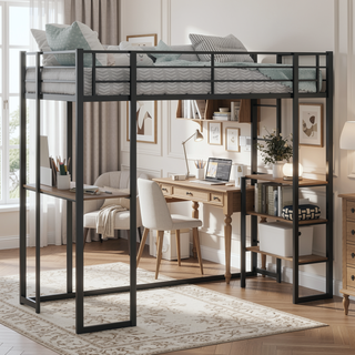 Sunvega Iron Frame Bunk Bed with L-Shaped Desk Stairs on Both Sides for Kids