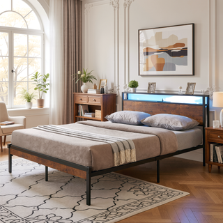 Sunvega King Size Metal Platform Bed Frame with Wooden Headboard and Footboard